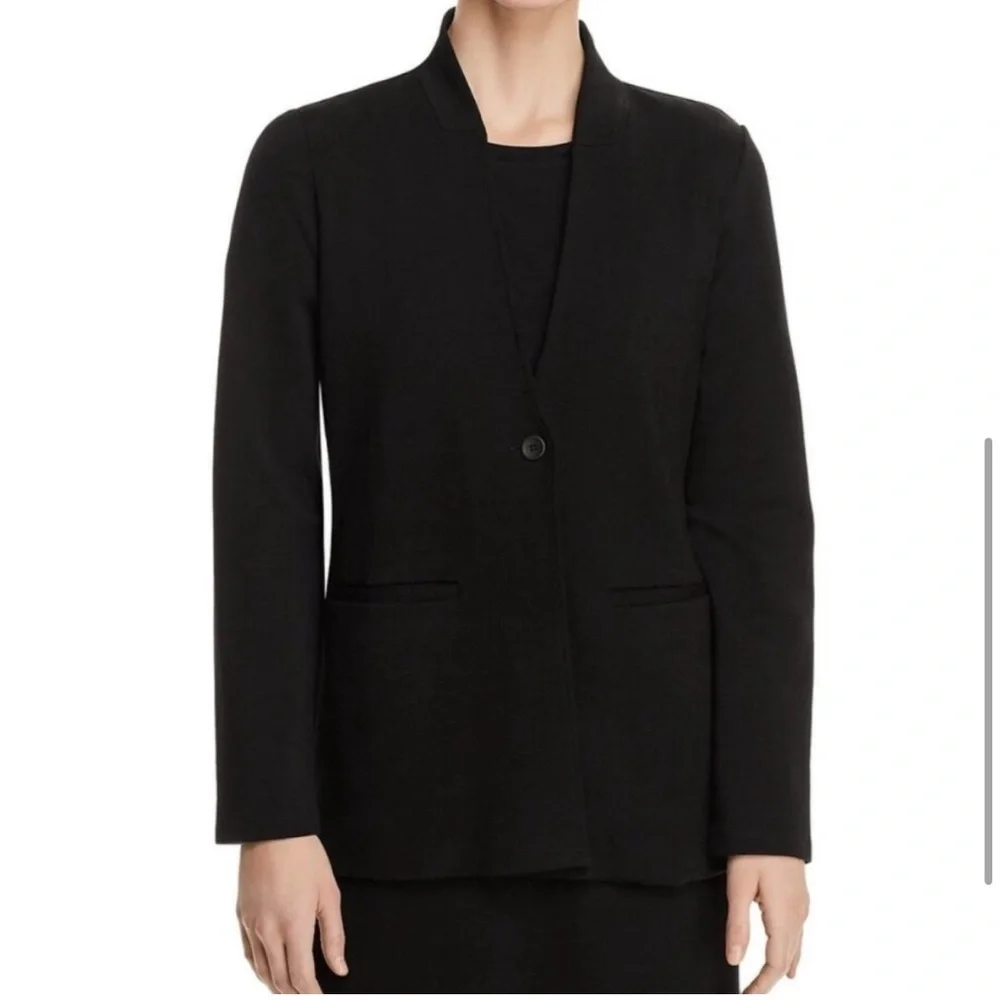 Eileen Fisher Stand Collar‎ One Button Tencel Blazer Jacket Black Large